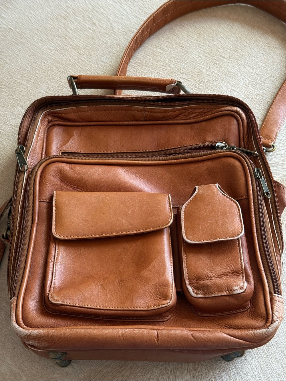 Collectible Orvis Tan Leather Messenger Bag with Front Pockets- made in Columbia